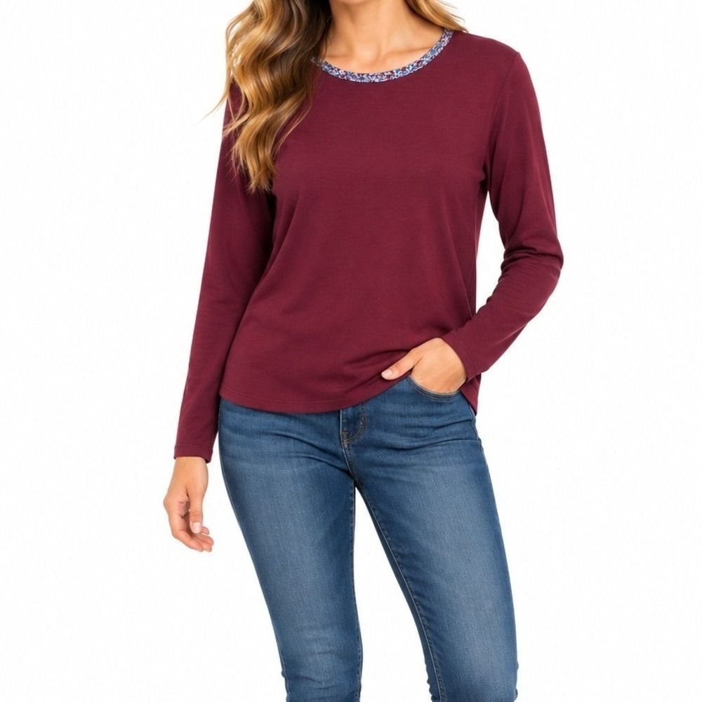 Lands End Long Sleeve Top Women XL Burgundy Floral Trim Classic Casual